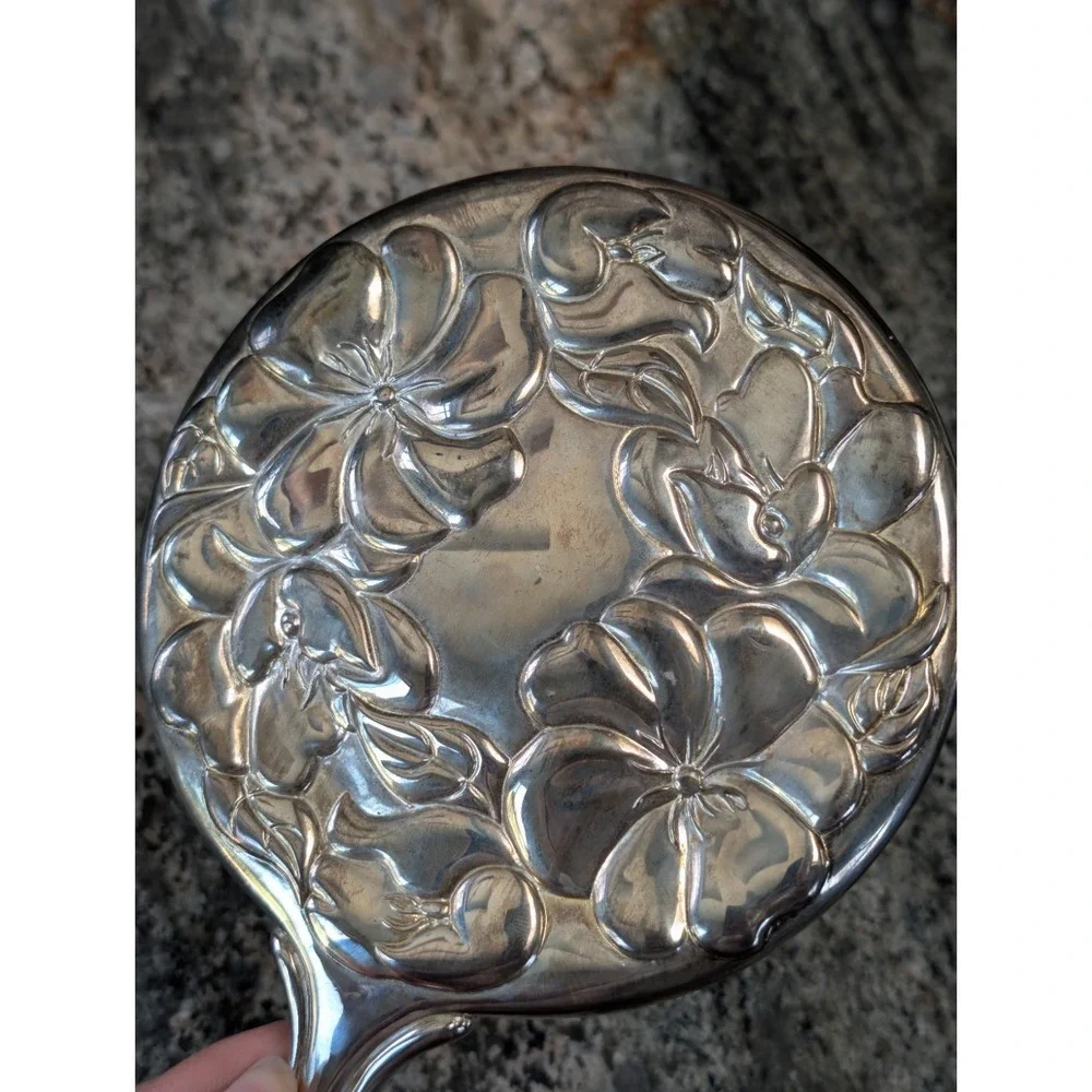 Vintage Antique Art Nouveau Silver Hand Mirror Embossed Flowers  Tiffany ? Heavy